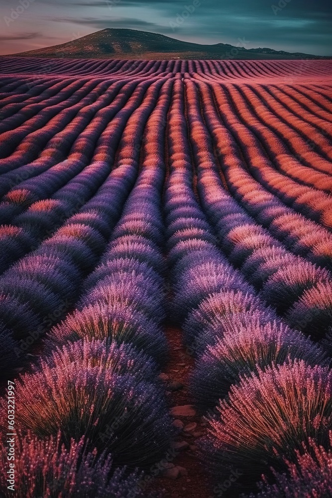  a field of lavender flowers with a mountain in the background at sunset, with a purple sky and clouds in the distance, with a pink hue.  generative ai