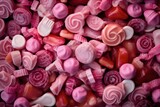  a close up of a pile of pink and red candy hearts and lollipops with a fork sticking out of one of them.  generative ai