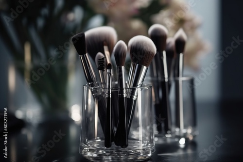  a close up of a bunch of makeup brushes in a cup on a table next to a vase with flowers in the back of it. generative ai