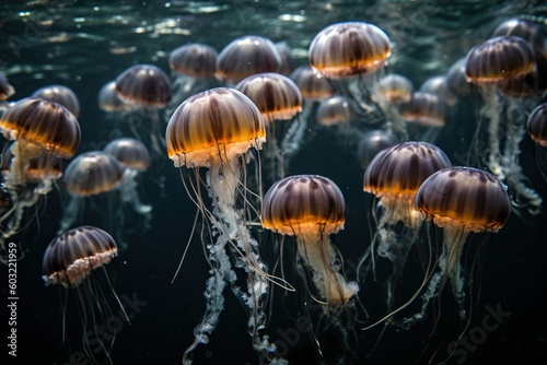  a group of jellyfish swimming in the ocean together in the dark water of the ocean, with the light shining on the top of the jellyfish. generative ai