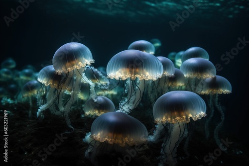  a group of jellyfish swimming in the ocean water with bubbles on the bottom of the water and on the bottom of the water is a dark background.  generative ai