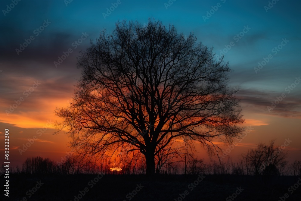  the sun is setting behind a tree in a field with no leaves on the branches and the sky in the background with a few clouds in the distance.  generative ai