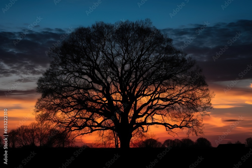  a large tree with no leaves in a field with a sunset in the background and clouds in the sky behind it,.  generative ai