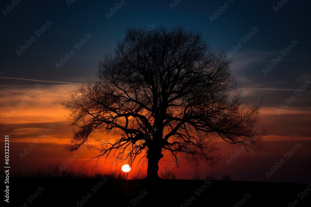  the sun is setting behind a tree in a field with no leaves on the branches and the sky in the background, with a few clouds in the foreground.  generative ai