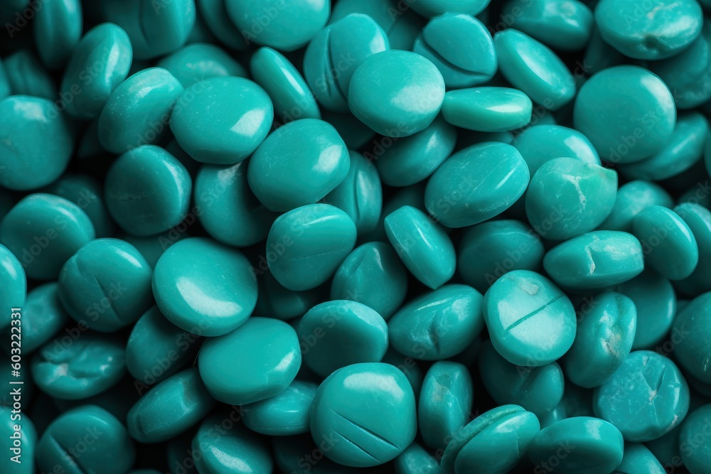  a close up of a pile of blue candy beans with a black background that is very blurry to the top of the image and the bottom half of the image.  generative ai