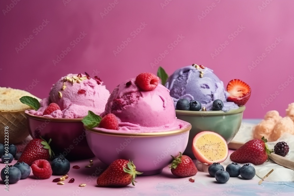 a table topped with bowls of ice cream next to a bowl of fruit and a muffin on a plate next to a bowl of muffins. generative ai a table topped with bowls of ice cream next to a bowl of fruit and a muffin on a plate next to a bowl of muffins. generative ai