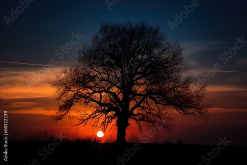  the sun is setting behind a tree in a field with no leaves on the branches and the sky in the background  with a few clouds in the foreground.  generative ai