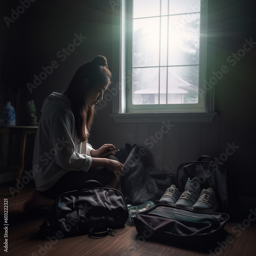 woman prepares her and shoes in an open travel bag, in the style of neo-concrete, use of screen tones, dark gray and light black, asian-inspired, weathercore, studyplace, richly layered  © siripimon2525