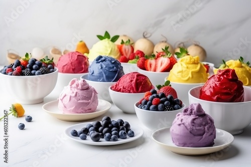  a table topped with bowls filled with different types of ice cream and berries on top of each bowl and a plate of blueberries  raspberries  raspberries  oranges  and more.  generative ai