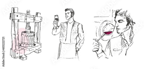 Hand drawn Illustrations for winemaking. Man carries barrels of wine in a cart. Men carry wine barrels. The man on the boat. Confident male sommelier examining glass with wine  near the wooden shelf.