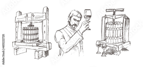 Hand drawn Illustrations for winemaking. Man carries barrels of wine in a cart. Men carry wine barrels. The man on the boat. Confident male sommelier examining glass with wine  near the wooden shelf.