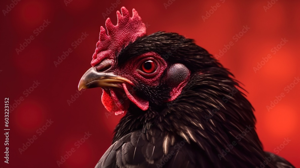  a close up of a black and red rooster with a red background.  generative ai