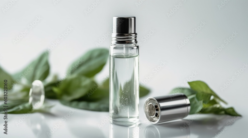 a glass bottle with a silver cap next to a green leaf. generative ai a glass bottle with a silver cap next to a green leaf. generative ai