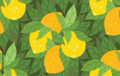 Vector seamless pattern with lush bushes of lemons with foliage on green background. Texture with thickets of hand drawn flat citrus fruits
