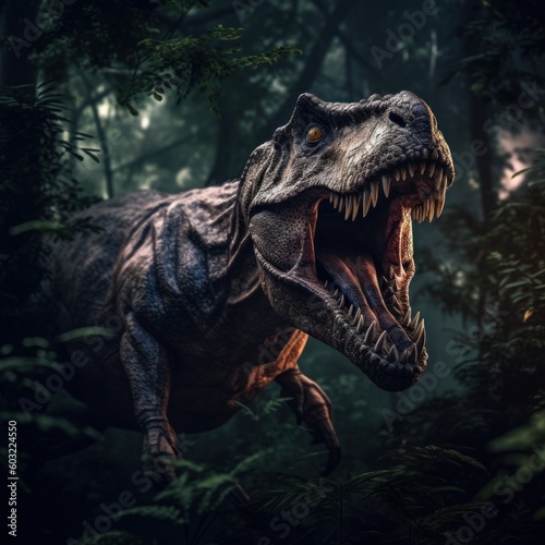 The ferocious dinosaur Tyrannosaurus rex wanders through the lush and bright forest. Generative AI