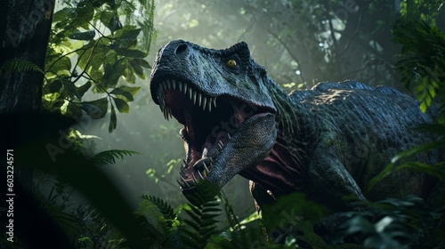The ferocious dinosaur Tyrannosaurus rex wanders through the lush and bright forest. Generative AI © ColdFire