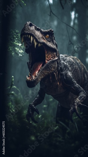 The ferocious dinosaur Tyrannosaurus rex wanders through the lush and bright forest. Generative AI