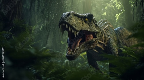 The ferocious dinosaur Tyrannosaurus rex wanders through the lush and bright forest. Generative AI © ColdFire