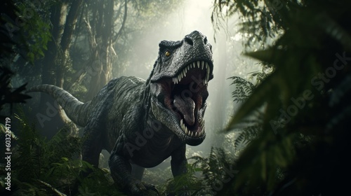 The ferocious dinosaur Tyrannosaurus rex wanders through the lush and bright forest. Generative AI