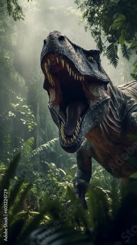 The ferocious dinosaur Tyrannosaurus rex wanders through the lush and bright forest. Generative AI