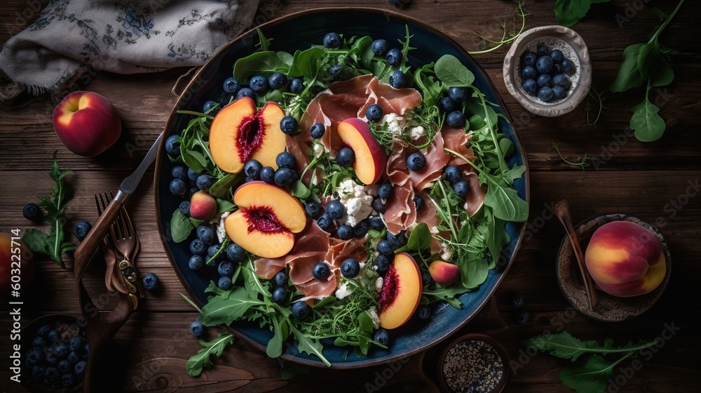  a blue plate topped with a salad covered in fruits and veggies.  generative ai