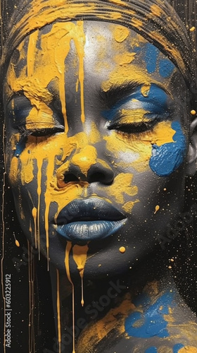 Woman with blue and yellow paint splattering