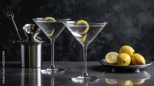  three martini glasses with lemons in them on a table. generative ai