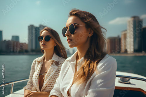 Two businesswomen in girls suits and glasses sailing on expensive yacht bay against the backdrop of skyscrapers and the business district, negotiations and meeting on the ship. Generative AI.