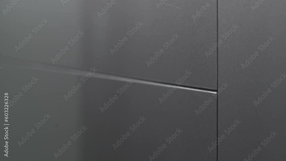 Slow closing drawer close up. Grey. Modern kitchen Slow closing drawer close up. Grey. Modern kitchen
