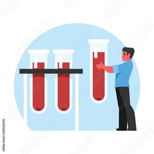 Man looking at test tubes with blood samples. Vector illustration in flat style