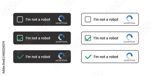 Various captcha icons. I am not a robot. Computer security code. Set of confirmed recaptcha. Im not robot button. Internet safety. Design template for website or application.