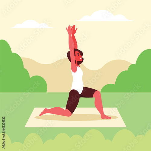 Women practicing yoga in the park. Vector illustration in flat style.