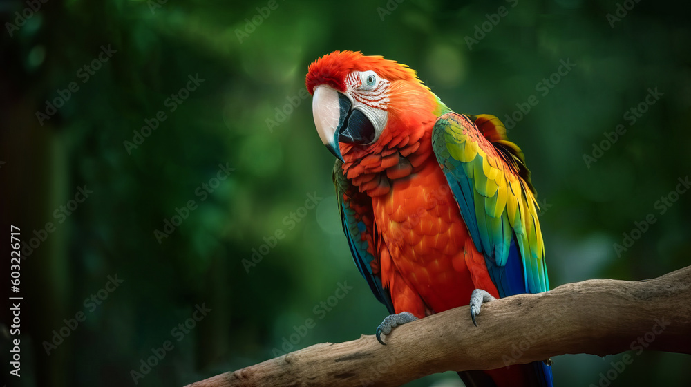 Beautiful parrot sitting on a branch in jungle with blurred background. Generative AI