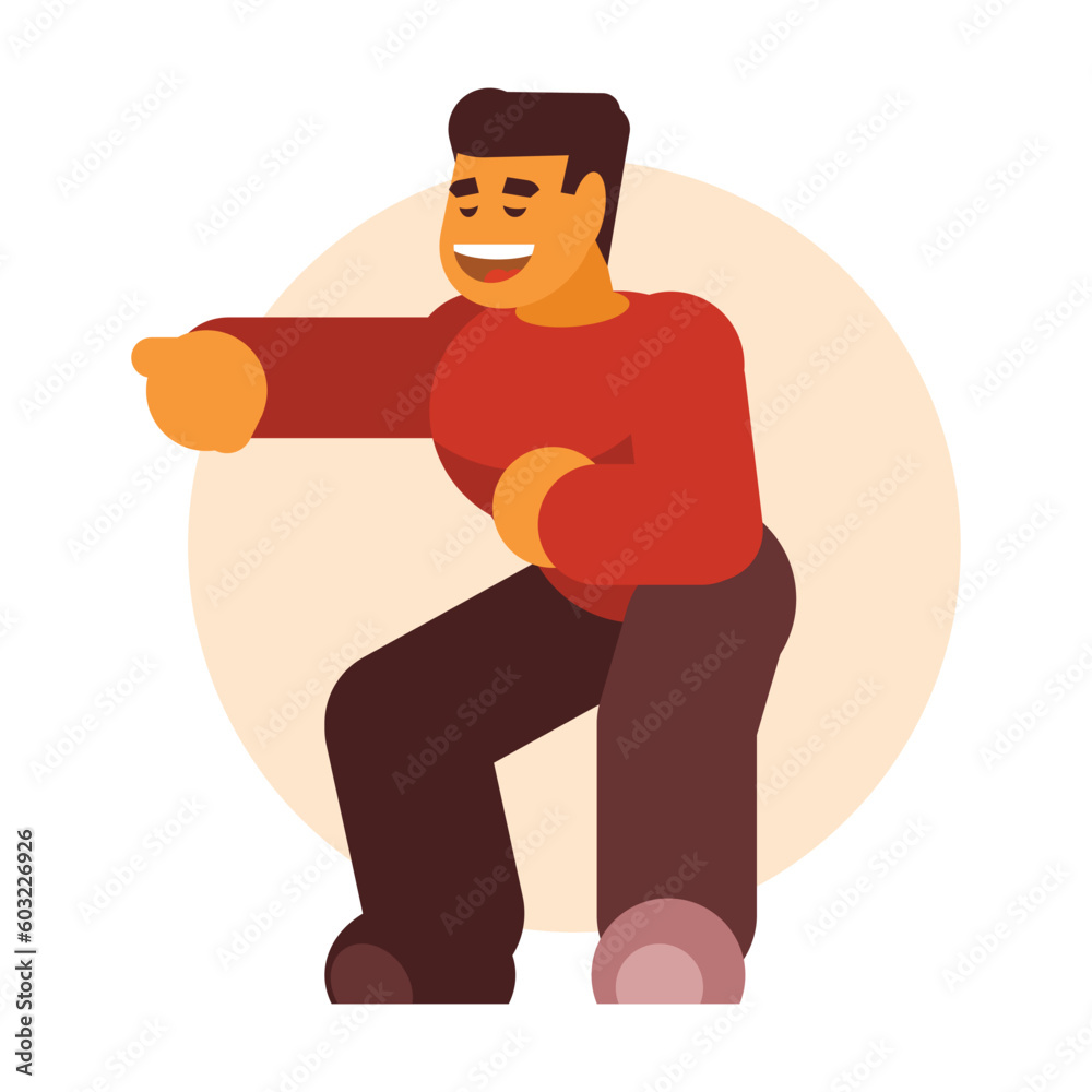 Fat man in a red sweater and jeans. Vector flat illustration.