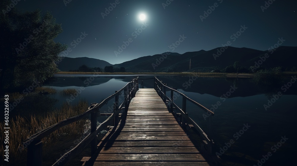  a wooden dock with a full moon in the sky above it.  generative ai