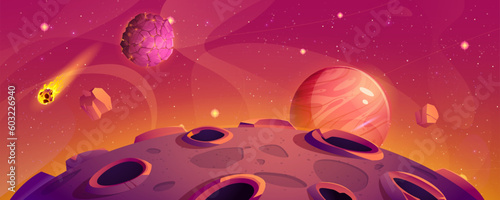Space planet background cartoon game vector landscape. Fantasy galaxy travel sky level scene with star, meteorite, moon with crater and red mars. Futuristic cosmic starry adventure art wallpaper