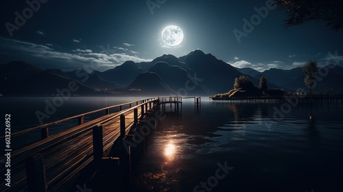  a full moon over a lake with a wooden pier in the foreground.  generative ai
