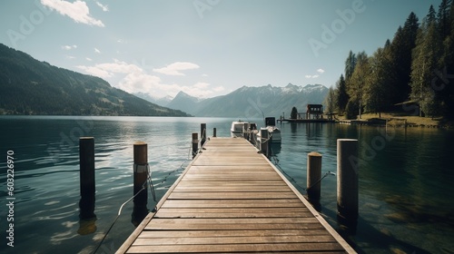  a dock on a lake with a boat in the water. generative ai