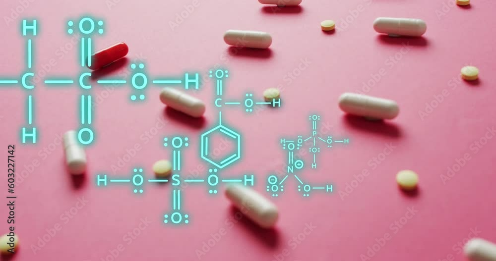 Animation of chemical structures over pills Animation of chemical structures over pills