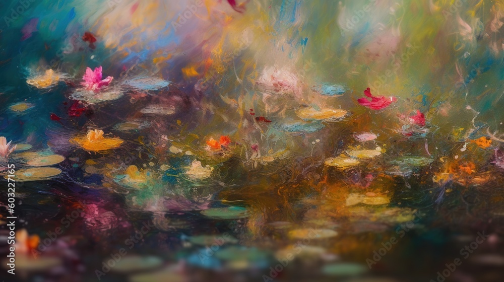  a painting of water lilies and other flowers in a pond.  generative ai