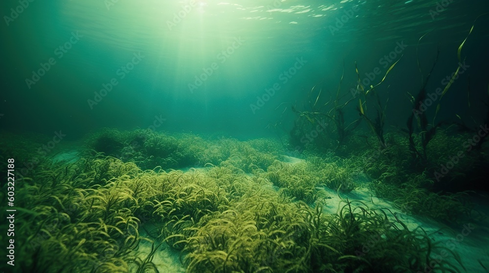  a seaweed bed under water with sunlight shining through the water.  generative ai