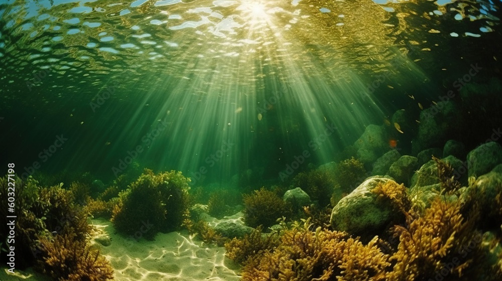  the sun shines through the water over a sandy bottom.  generative ai