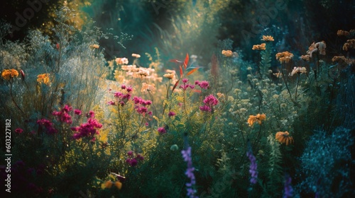  a field full of wild flowers with a forest in the background. generative ai