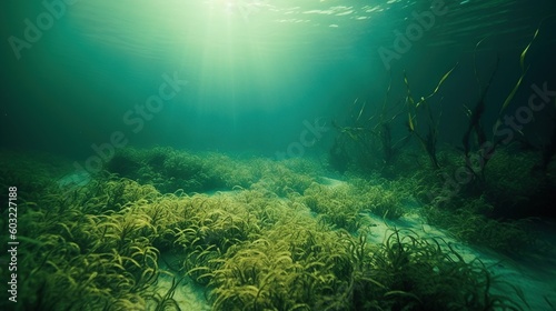  a seaweed bed under water with sunlight shining through the water.  generative ai © Nadia