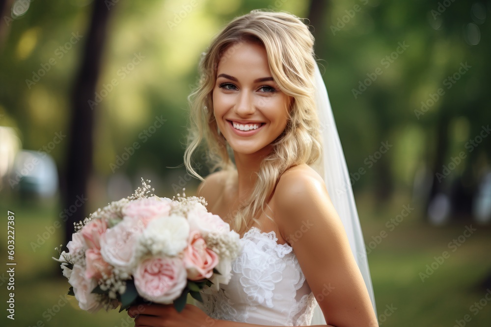 Naklejka premium Portrait a beautiful bride with flower bouquet ai generate