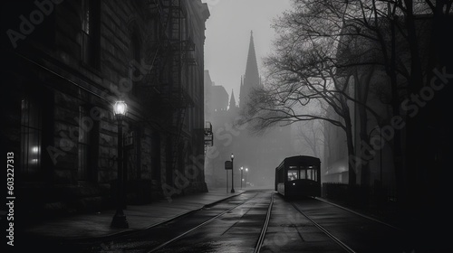  a black and white photo of a trolley on a foggy street. generative ai