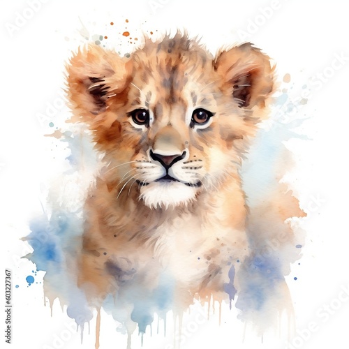 Cute Baby Lion Watercolor. Generative AI