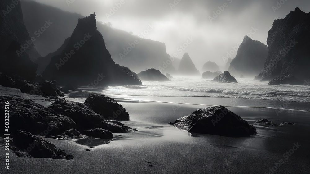  a black and white photo of a beach with rocks and water.  generative ai