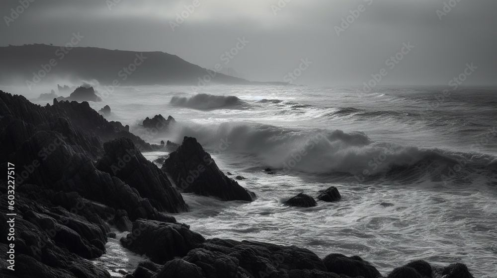  a black and white photo of waves crashing on rocks in the ocean.  generative ai