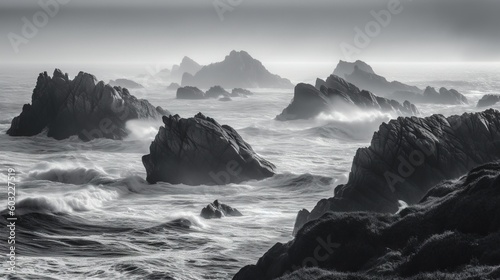  a black and white photo of rocks in the ocean with waves. generative ai